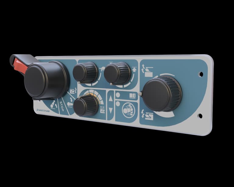 Makersan MO 655 hitch and header height control panel with a teal-blue branded faceplate, a single-axis red-tipped multifunction lever, four rotary control knobs and an iconographic legend for hitch lift, header height and PTO functions.