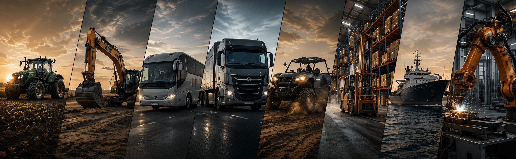 Composite of Makersan field applications: tractor, excavator, coach, truck, UTV, forklift, vessel and industrial robot